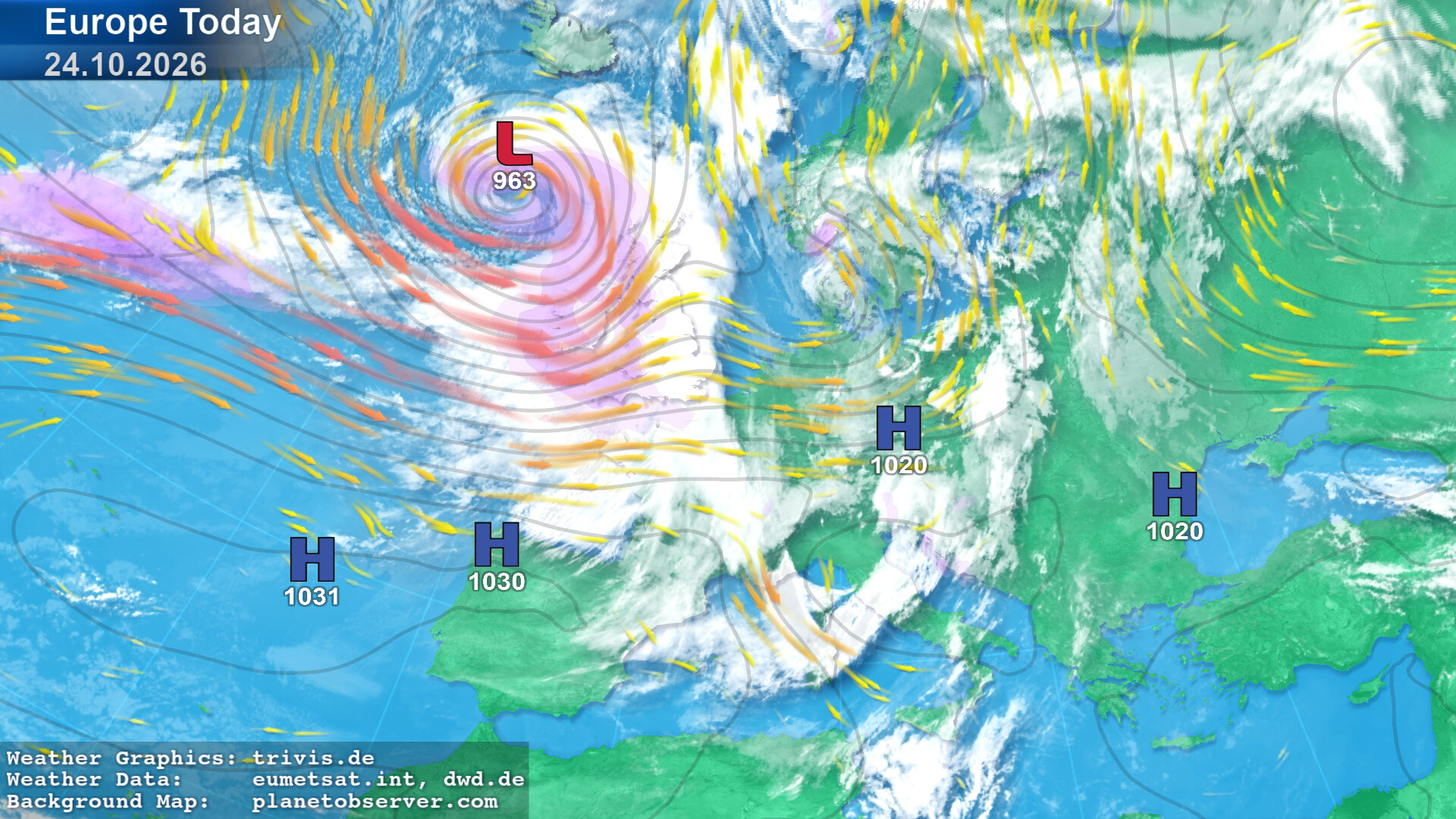 Weather map Europe Today with pressure systems, clouds and wind, produced by askMeteo