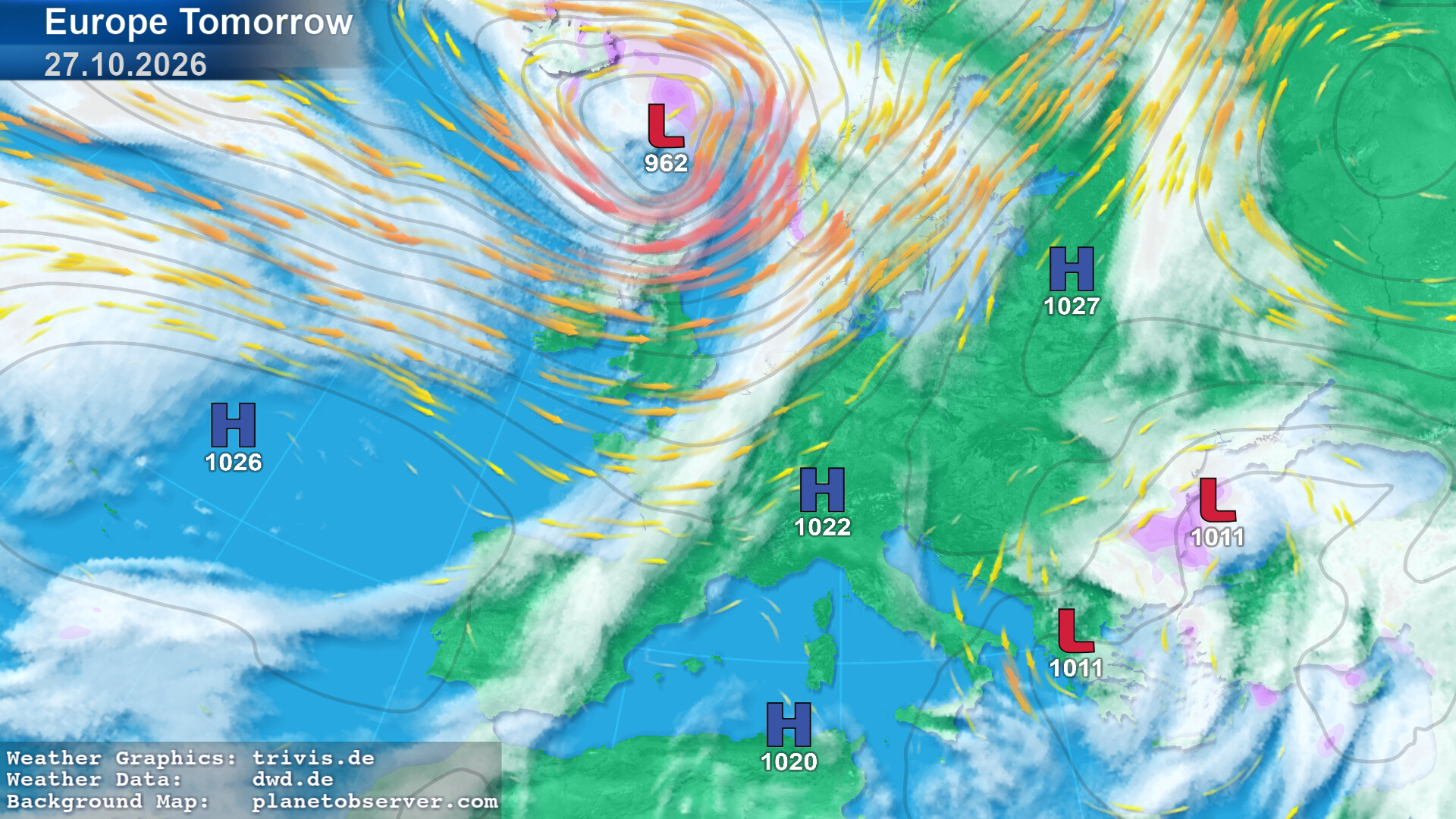 Weather map Europe Tomorrow with pressure systems, clouds and wind, produced by askMeteo